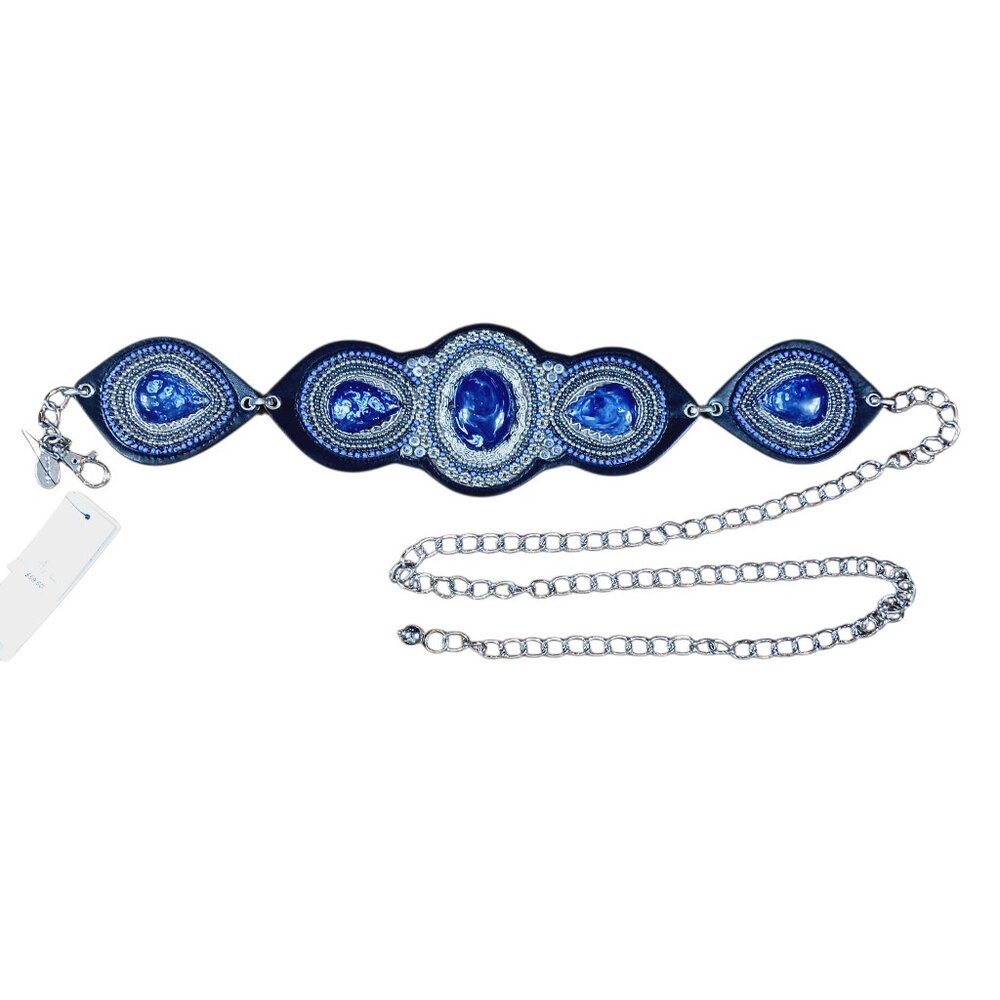 NWT Chico's Blue Faux Stone Silver Chain Link Statement Belt, M/L, Boho, Western
